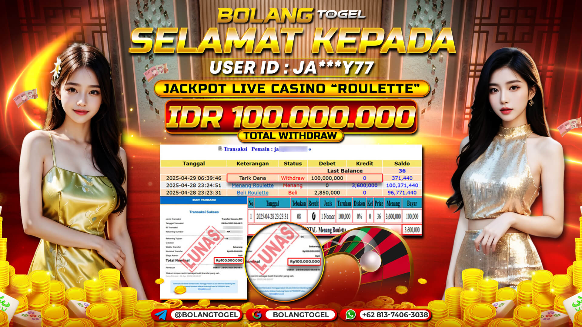 Bukti jackpot LIVE CASINO ROULETTE BOLANGTOGEL - gambar 1