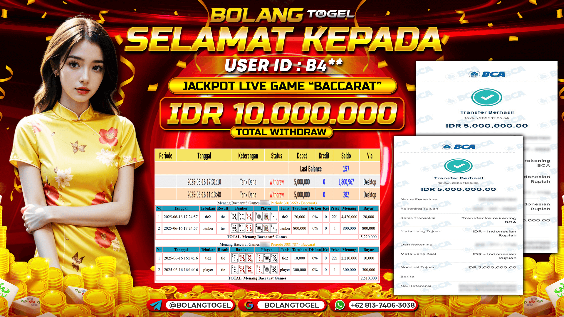Bukti jackpot LIVE GAME BACCARAT BOLANGTOGEL - gambar 1
