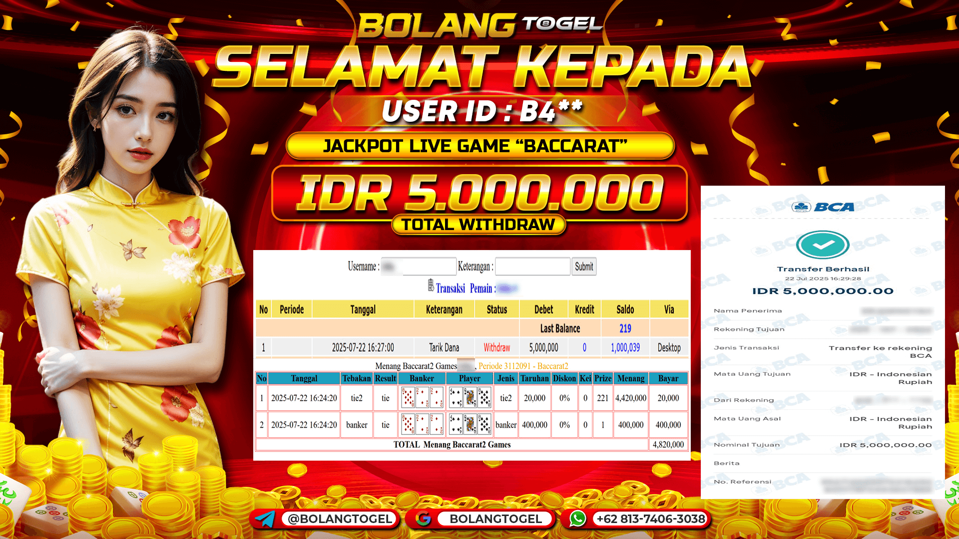 Bukti jackpot LIVE GAME BACCARAT BOLANGTOGEL - gambar 1