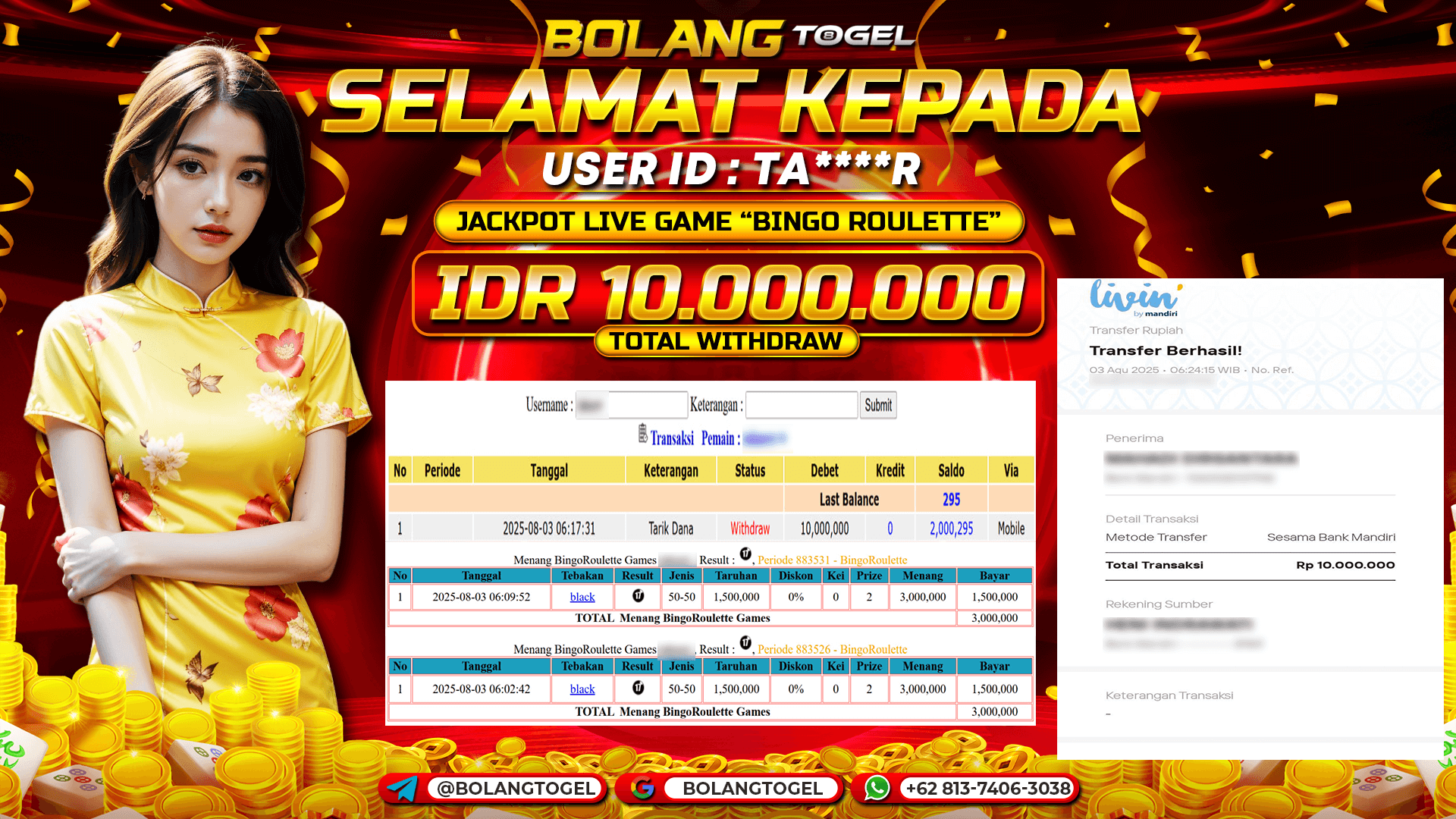 Bukti jackpot LIVE GAME BINGO ROULETTE BOLANGTOGEL - gambar 1