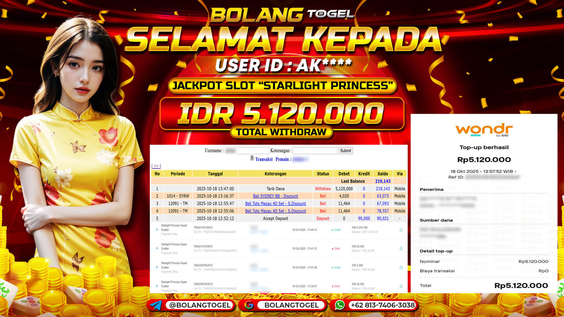 Bukti jackpot SLOT STARLIGHT PRINCESS SUPER SCATTER BOLANGTOGEL - gambar 1