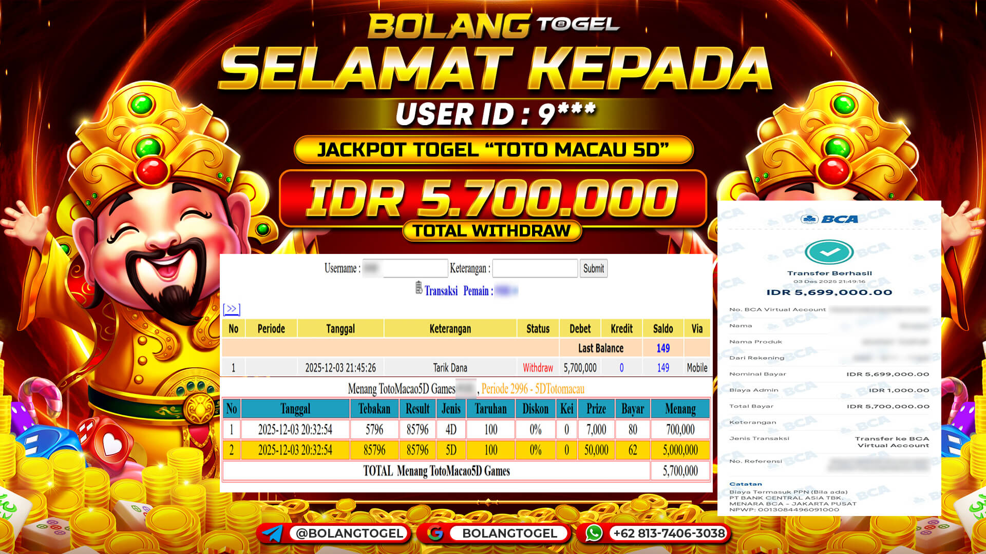 Bukti jackpot TOGEL TOTO MACAU 5D BOLANGTOGEL - gambar 1