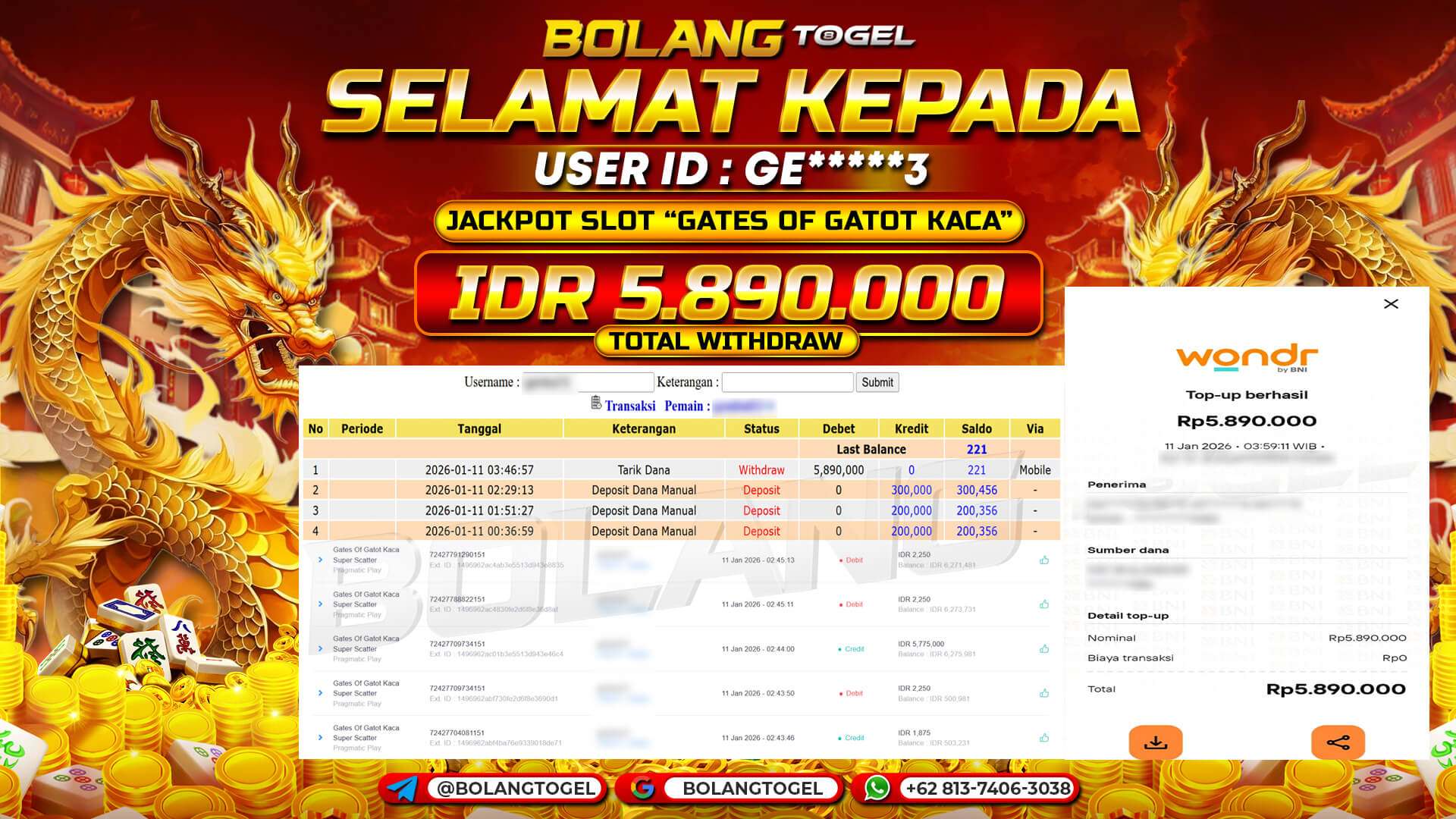 Bukti jackpot SLOT GATES OF GATOT KACA SUPER SCATTER BOLANGTOGEL - gambar 1