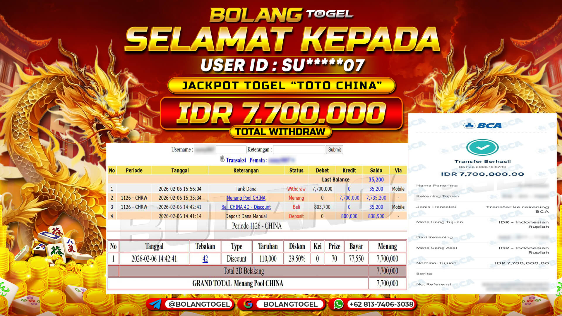 Bukti jackpot TOTO TOGEL CHINA BOLANGTOGEL - gambar 1