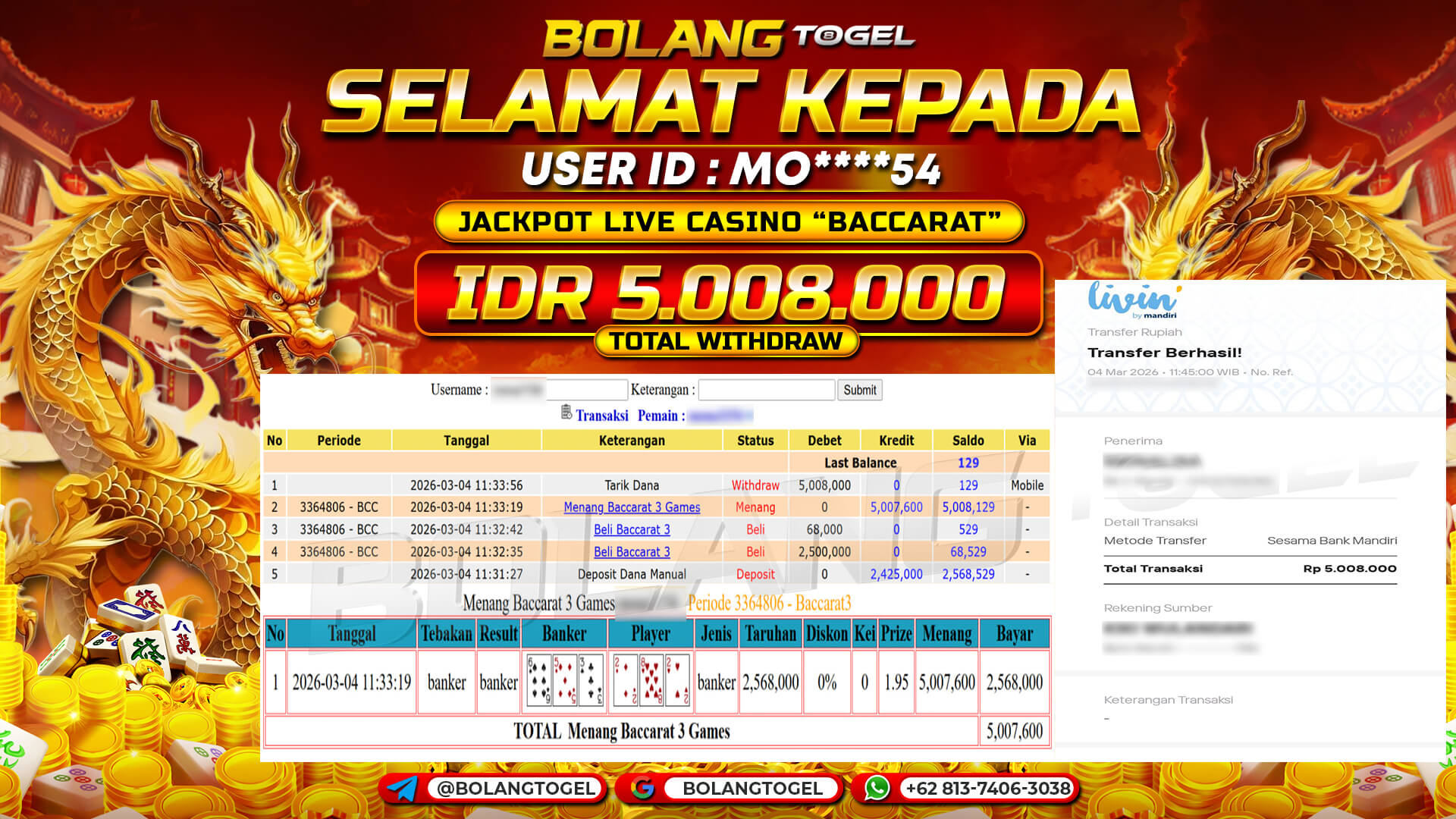 Bukti jackpot LIVE CASINO BACCARAT BOLANGTOGEL - gambar 1