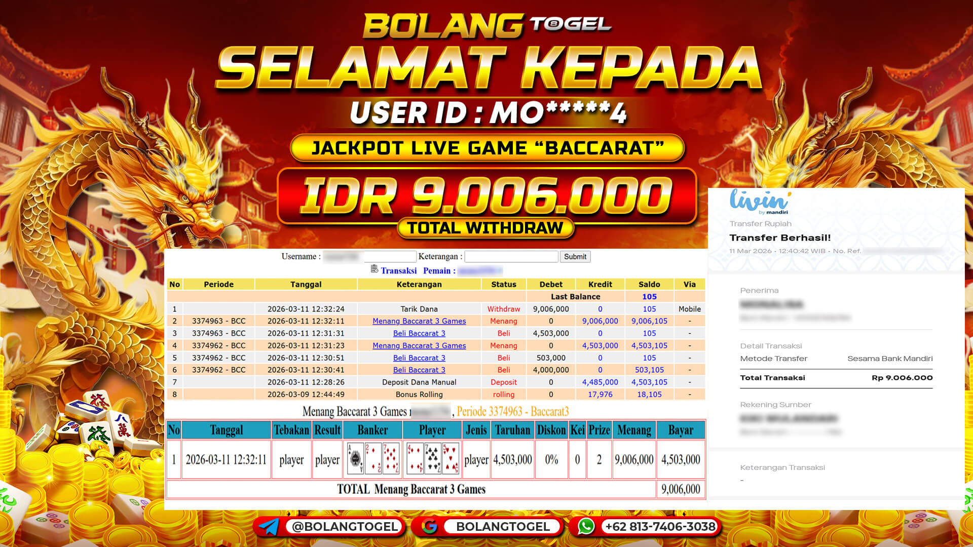 Bukti jackpot LIVE GAME BACCARAT BOLANGTOGEL - gambar 1