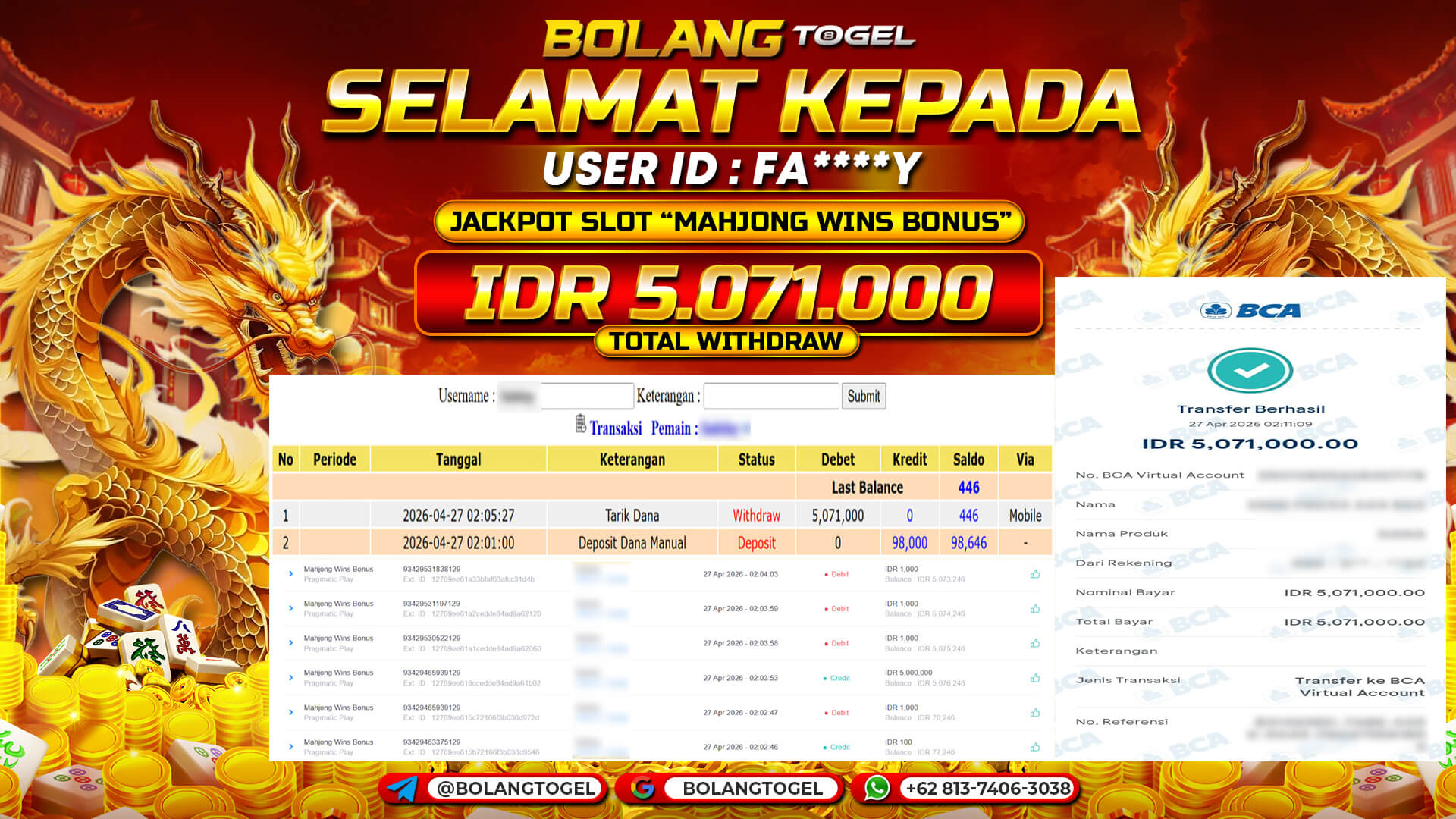 Bukti jackpot SLOT MAHJONG WINS BONUS BOLANGTOGEL - gambar 1