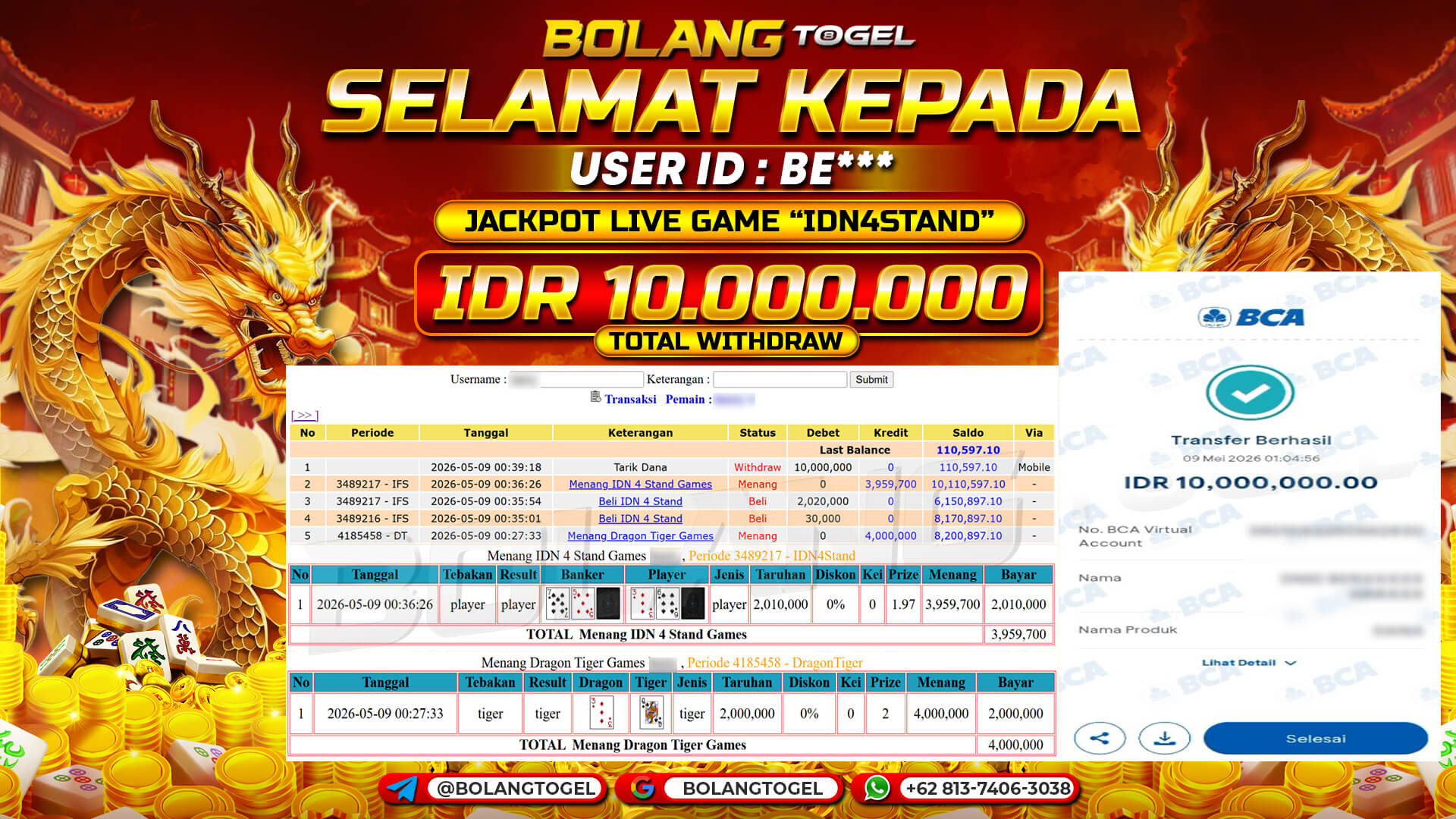 Bukti jackpot LIVE GAME IDN4STAND BOLANGTOGEL - gambar 1