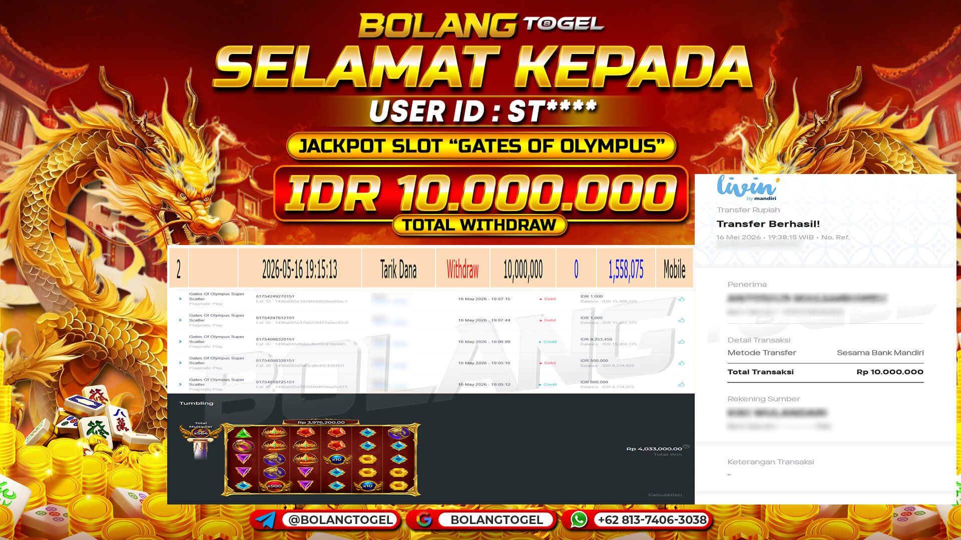 Bukti jackpot SLOT GATES OF OLYMPUS SUPER SCATTER BOLANGTOGEL - gambar 1