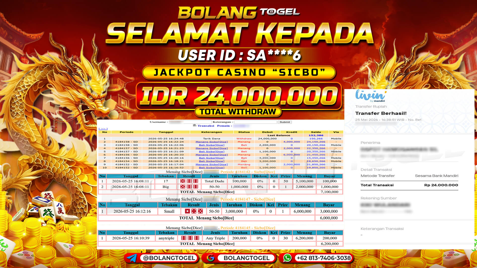 Bukti jackpot LIVE GAME SICBO BOLANGTOGEL - gambar 1