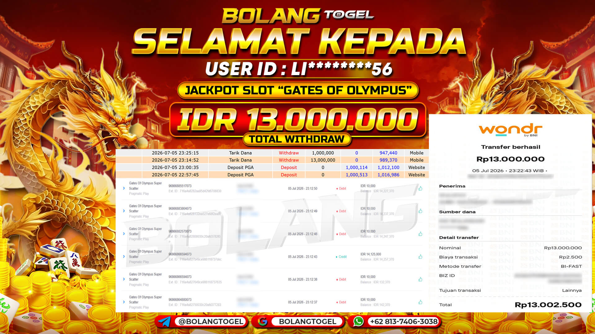 Bukti jackpot SLOT GATES OF OLYMPUS BOLANGTOGEL - gambar 1